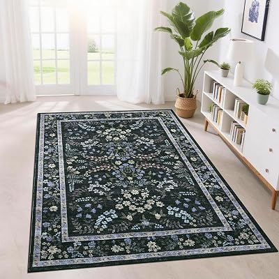 GlowSol 8x10 Area Rugs for Living Room, Stain Resistant Washable Rugs for Dining Room, Modern Farmhouse Floral Rug Non Slip Non Shedding Washable Carpet Indoor Printed Accent Rug for Bedroom,Black