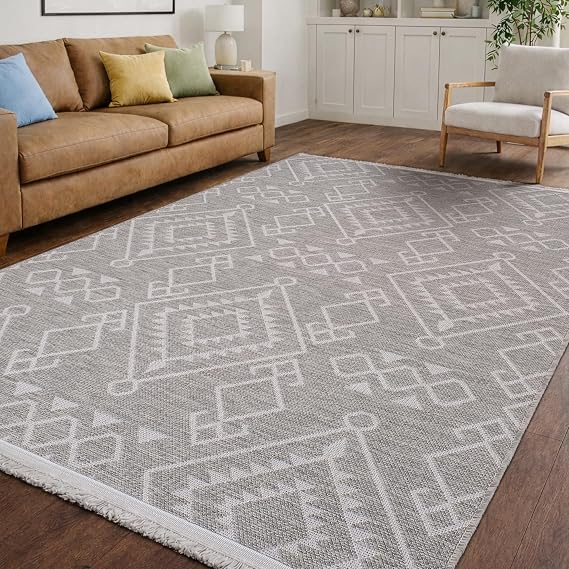 Aden Anadol Şönil Dokuma Halı | Makinede Yıkanabilir Kaymaz Tabanlı Salon Halısı | Kilim ve Yolluk | Gri | 100 x 100 cm | Model AND01
