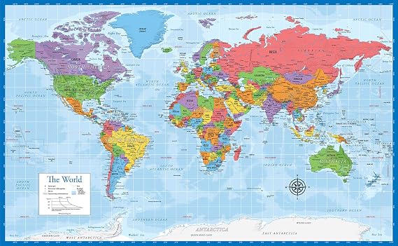 Laminated World Map Poster - Wall Chart Map of Earth - 18" x 29" (Blue)