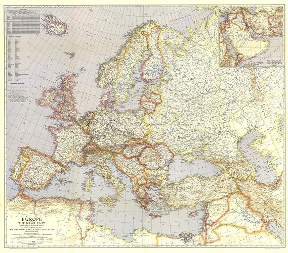 National Geographic: Europe and The Near East 1940 World War 2 - Historic Wall Map Series - 38.75 x 34 inches - Laminated