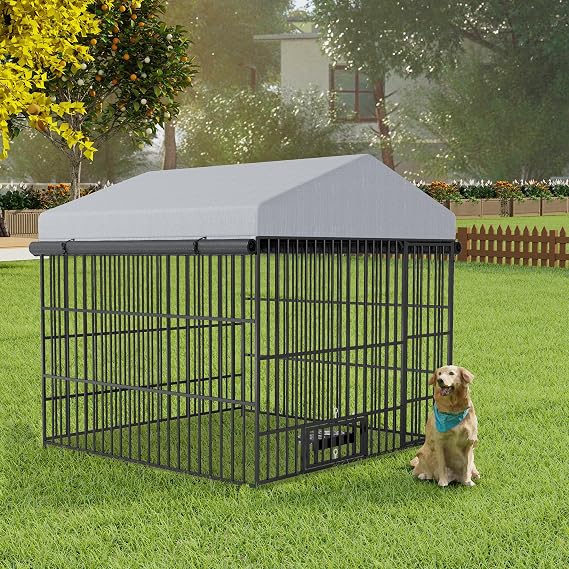 KEIKI 6.6'L x 6.6'W x 6.4'H Large Outdoor Dog Kennel with Roof, Weatherproof Metal Cage, Heavy-Duty Dog Enclosure with Lockable Door & 2 Stainless Steel Bowls, Black