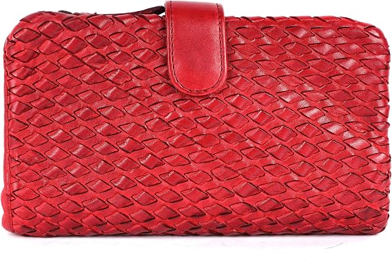 Genuine Leather Wallets for Women, Small Wallet for Ladies | Zipper Coin Purse, Credit Card Holder With Strap, VL-163-RED, Red Soft Weaving Design, Multi Card Slot Travel Organizer