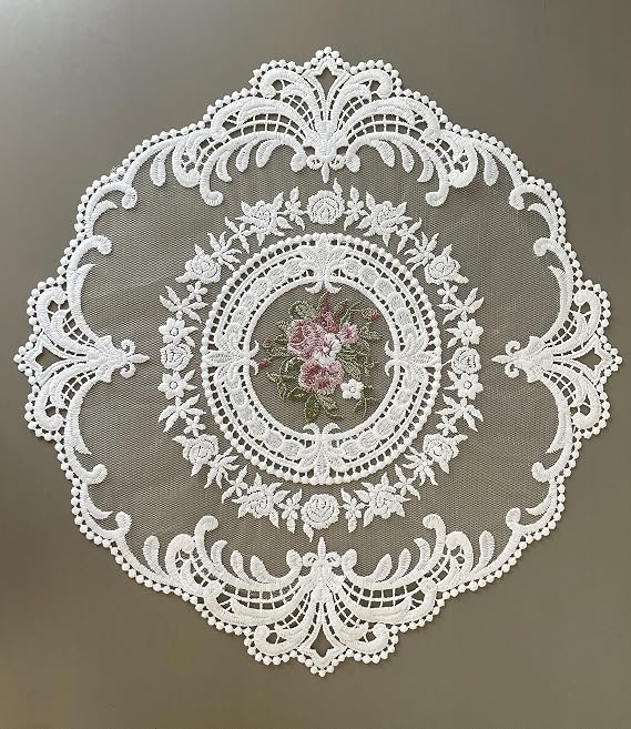 4 Pieces Retro Lace Placemats, Embroidered Cup Mats Table Mats, French Crochet Doilies, White (bonquet in Circle)