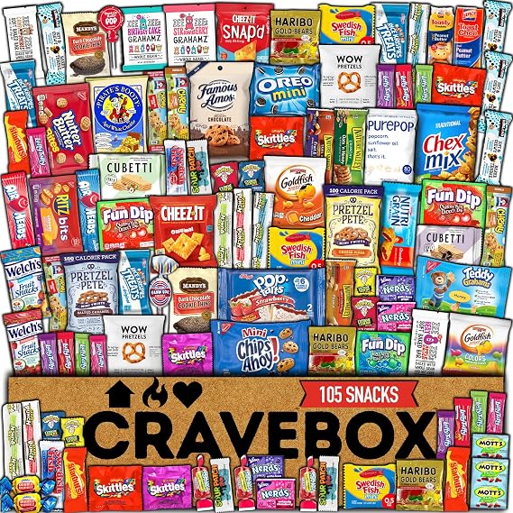 CRAVEBOX Snack Box Variety Pack Care Package (105 Count) - Summer Treats Gift Box