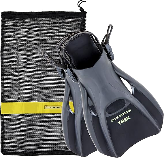 U.S. Divers Trek Adult Snorkeling Travel Fins with Mesh Carrying Bag - Adjustable Open Heel, Compact Vented Short Blades, Portable Ultra Lightweight - Explorer Series | Unisex Adult