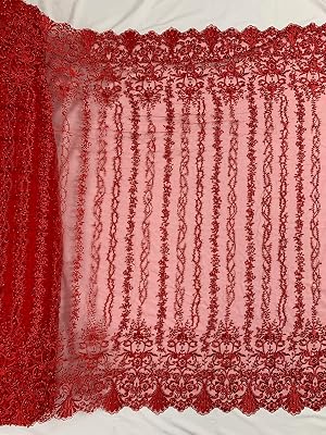 Daphne RED Faux Pearls Beaded Flowers and Vines Lace Embroidery on Mesh Fabric by The Yard - 10103