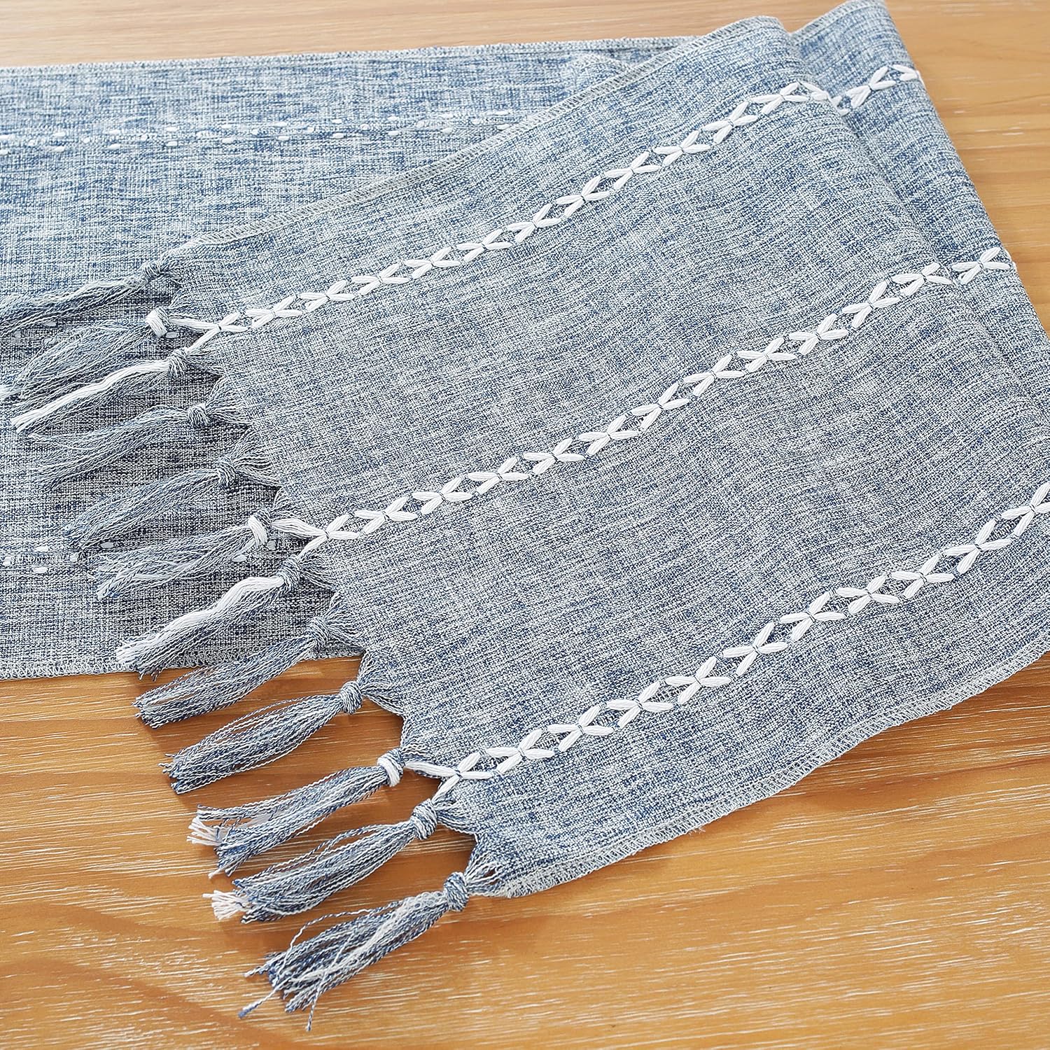 JIALE Rustic Farmhouse Table Runner with Tassels, Embroidered Cotton Linen Table Runner 48 Inches Long, Linen Boho Table Runners for Table Decorations, Holiday Party and Wedding, 13x48 Inches, Blue